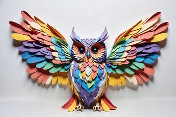 Obraz premium Colorful paper owl with wide spread wings on white backdrop.