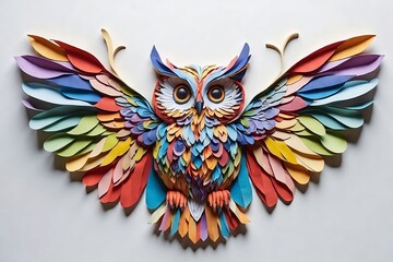 Fototapeta premium Stunning rainbow paper owl in flight against white background