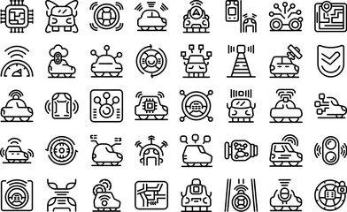 Fototapeta premium Driverless vehicle icons set outline vector. Car future. Drive self