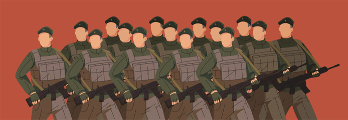 Soldiers march on parade. Airborne army in khaki, beret and body armor with weapon in arms. Military people, warriors, patriots, armed men in platoon, group defend and attack. Flat vector illustration - obrazy, fototapety, plakaty