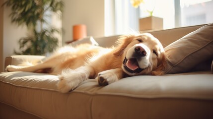 happy golden retriever dog is lying on a cozy sofa in a modern living room - Powered by Adobe