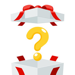 Open a mystery gift box with a red ribbon on isolated white background. Random secret loot box isometric concept. Vector illustration cartoon flat design.