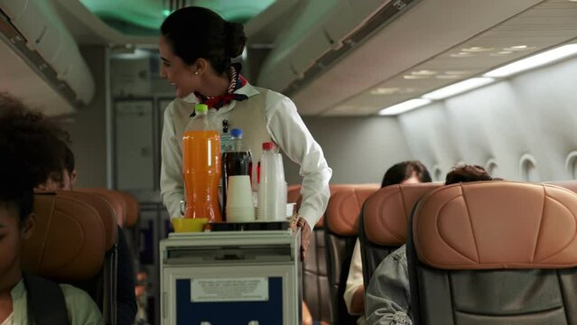 Beautiful Latin air hostess was smile. Career as a cabin crew or stewardess works on airplane. Providing food and drinking water airline transportation customer service satisfaction and passengers