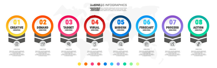 Vector business infographics template. Timeline with eight circle, icon, arrow, steps, 8 number options. Can be used for workflow layout, diagram, chart, banner, web design. Modern illustration