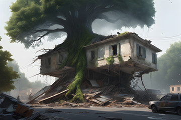 old house with tree. Generative AI