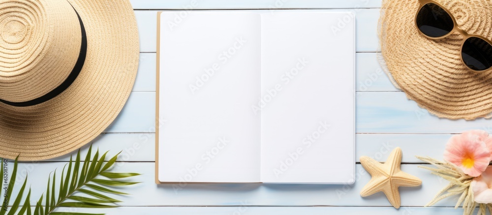 Poster flat lay image with a blank writing book and various summer beach accessories in the background. has