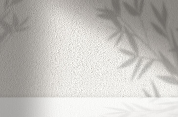 Studio background,Bamboo Leaves shadow with sunlight effect on grey concrete wall background,Empty White Studio Room Display with leaves silhouette on Cement,Backdrop display for product presentation