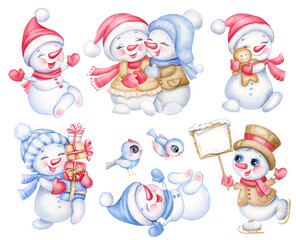 Set of cute Christmas snowmen . Hand-drawn watercolor illustration cartoon snowman character with gifts isolated on white background. - 632087404