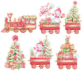 Cute vintage Santa train Watercolor clipart, cartoon construction set with locomotive and wagons with christmas tree, snowman, bunny and gifts. Hand drawn illustration to create holiday greeting cards - 632087407