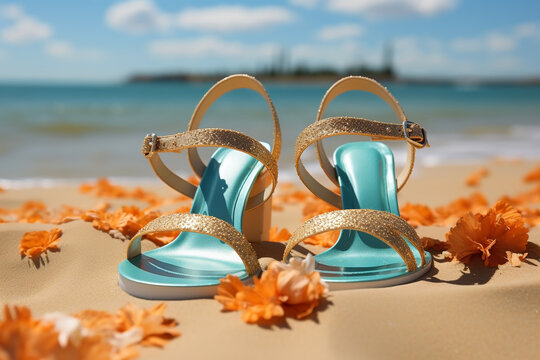 Summer blue sea and sandy beach flip flops concept image of travel and vacation.