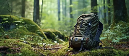 Foto op Plexiglas A travel camping backpack or a military hunting bag is resting on the forest floor next to a tree. It represents the concepts of travel, hiking, and camping. empty space available for text. © HN Works