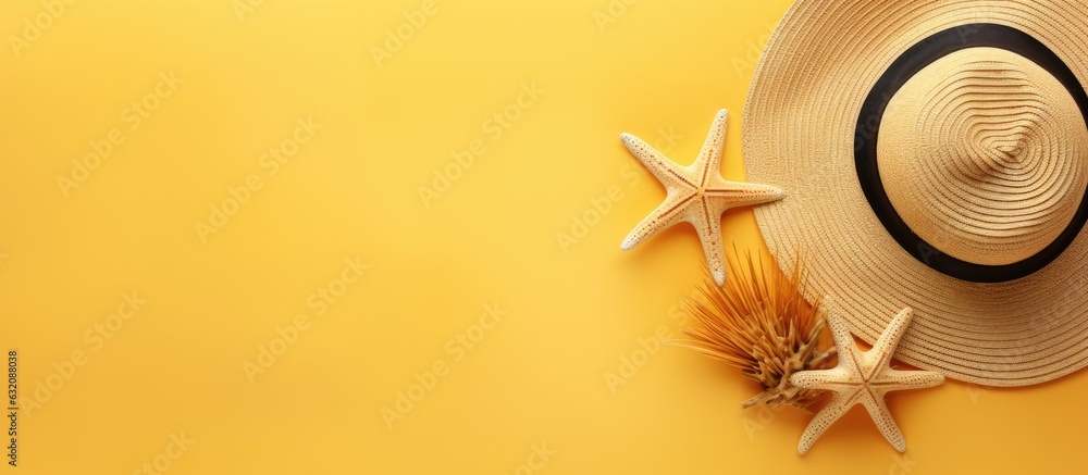 Poster a background of yellow with a straw hat, sunglasses, shell, and starfish. empty space on the left si