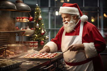 Santa Claus in a chef's uniform, cooking chrismast cookies - obrazy, fototapety, plakaty