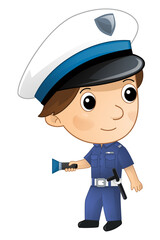 Cartoon character policeman boy at work isolated illustration for children