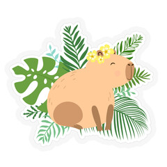 Cute smile capybara with tropical leaves and flowers