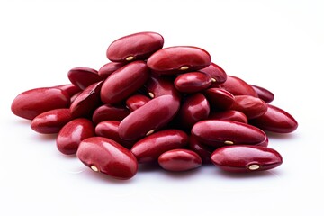 Natural ingredients for healthy cuisine. pile of healthy red lentils plant based protein source. Closeup of fresh and organic vegan ingredients on white background