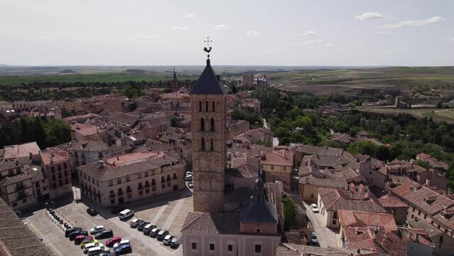 Aerial panoramic: Iglesia de San Esteban church, Segovia oldtown, Spain