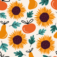 cute fall autumn hand drawn seamless vector pattern background illustration with sunflowers, apples, pears and leaves