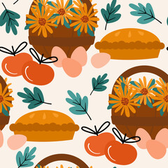 cute fall autumn hand drawn seamless vector pattern background illustration with eggs, apples, apple pies, basket with flowers and leaves - 632090092