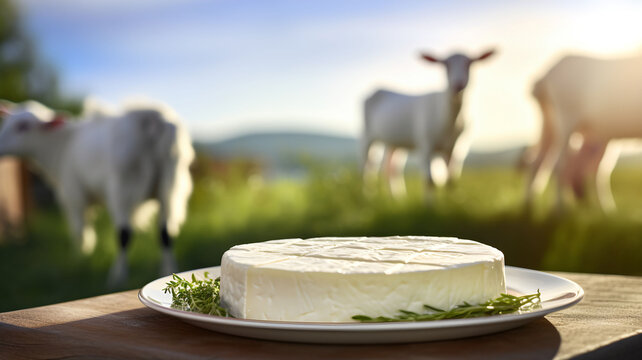 Goat cheese, farmland, goats, agriculture, homemade goat cheese, locally produced, dairy product, white goats, in front of a field, grass, farm, mountain, goat milk, agriculture