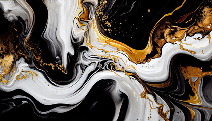 Marble white black gold abstract background of marble liquid ink art painting on paper, black and...