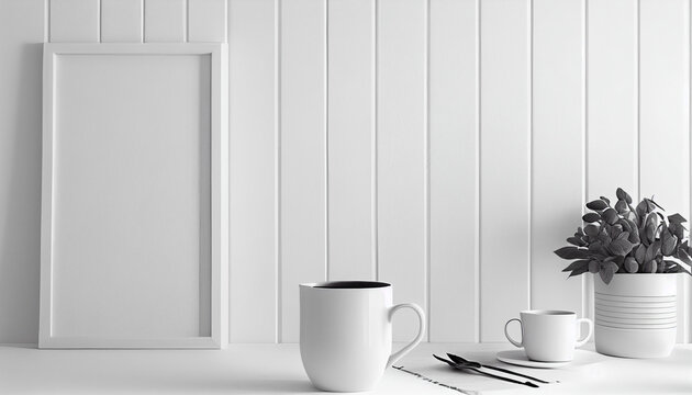  Mockup of a white wall in a room with coffee cups or mug on empty table white wood wood,  white cup of coffee on the table, Ai generated image 