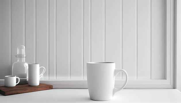  Mockup of a white wall in a room with coffee cups or mug on empty table white wood wood,  white cup of coffee on the table, Ai generated image 