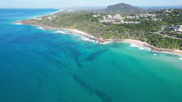 Panoramic Aerial View Beachfront City In Coolum Beach In Sunshine Coast, Noosa Region, Queensland Australia.