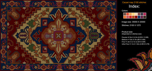 ¬¬Colorful carpet pattern for knitting cross stitch, carpet, rug, fabric, knitting, etc., with mosaic squares and grid guidelines. 2100 stitches. Read the index to learn the details.