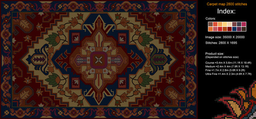 ¬¬Colorful carpet pattern for knitting cross stitch, carpet, rug, fabric, knitting, etc., with mosaic squares and grid guidelines. 2800 stitches. Read the index to learn the details.