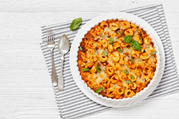 tortellini bake with cheese, tomato sauce, beef