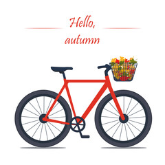 Vector illustration, a bicycle with a basket of dry fallen leaves. Banner template with text hello autumn.
