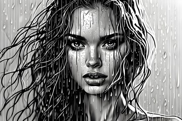 beautiful woman in the rain. Generative AI.