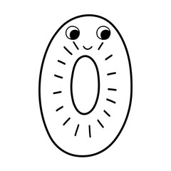 Cute number zero character for kids in outline. Leaning numbers for preschool. Doodle black and white number 0 in cartoon style for coloring page. Vector illustration