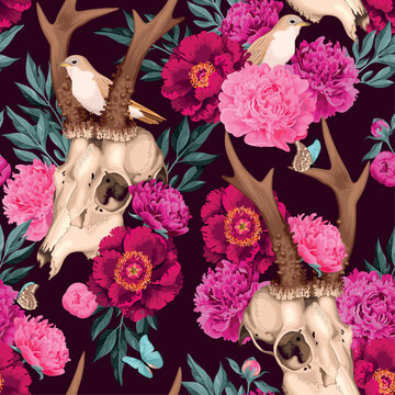 Deer Skull Decorated With Flowers Seamless