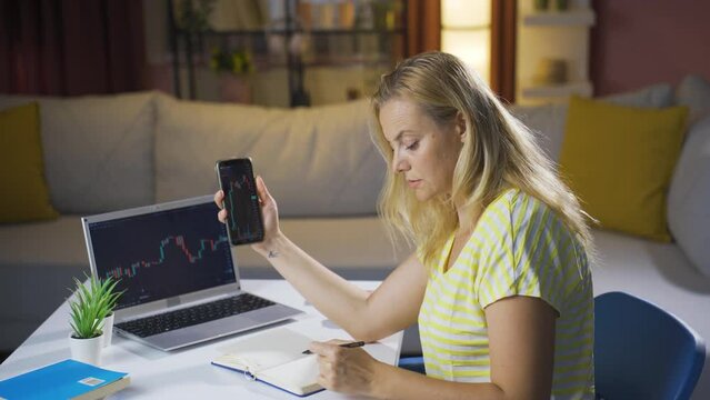 The woman who monitors the stock market on the phone. Cryptocurrency analysis.