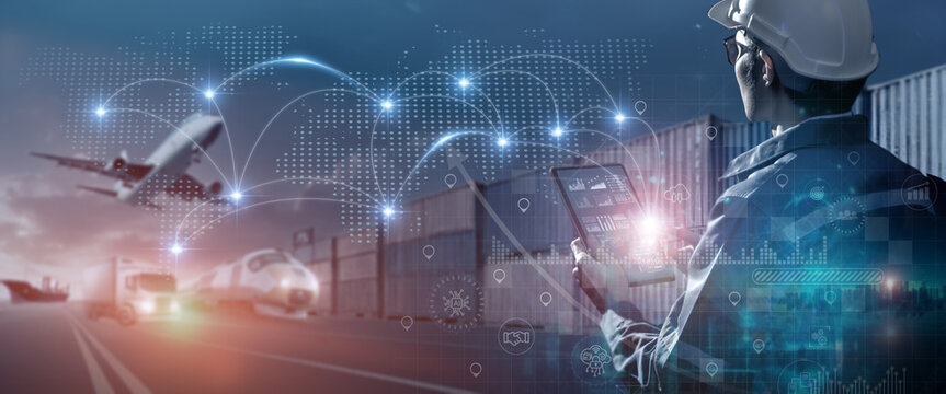 Transportation and logistics network distribution technology concept. Using AI in logistics and supply chain management. Planning with real time visibility and control over optimized supply chain.