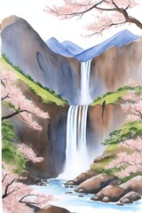 Blossom trees and waterfall. AI generated illustration