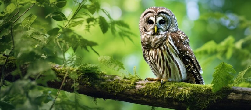 Reproduction of an image capturing a Barred Owl (Strix Varia), also known as Rain Owl, Wood Owl, or Striped Owl. The portrait showcases the owl against a verdant green backdrop, providing ample room