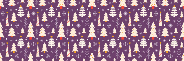 Obraz premium Christmas trees with snowflakes, vector seamless festive pattern