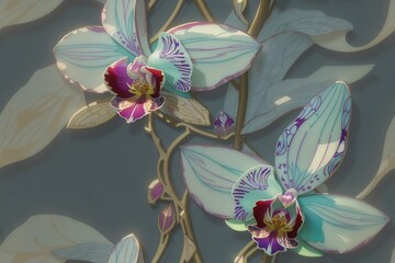  Elegant seamless pattern orchid, stained glass style, glazed blue orchid flowers