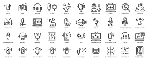 Podcast and audio icon set vector - obrazy, fototapety, plakaty