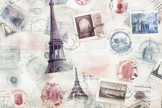 Background with stamps of travel, countries. Seamless pattern, travel print
