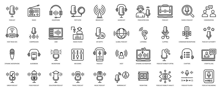 Podcast and audio icon set vector