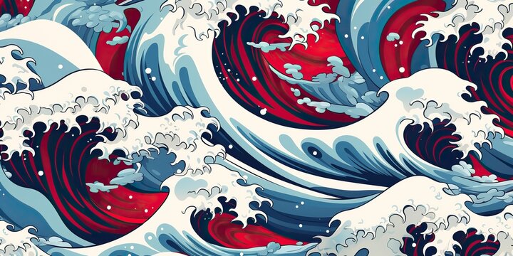 AI Generated. AI Generative.Vintage retro old style drawn paint sea ocean river water waves in minimal Japanese style. Marine and nautical  illustration. Graphic Art