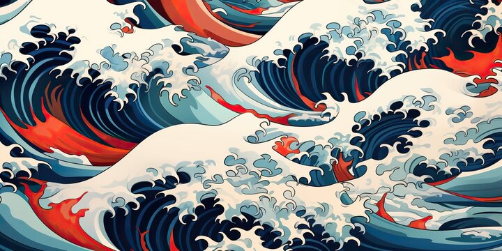 AI Generated. AI Generative.Vintage retro old style drawn paint sea ocean river water waves in minimal Japanese style. Marine and nautical  adventure travel vibe