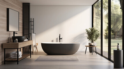 Obraz na płótnie Canvas A sleek and modern bathroom with a minimalist white vanity and sleek black fixtures, featuring a large shower and luxurious freestanding bathtub