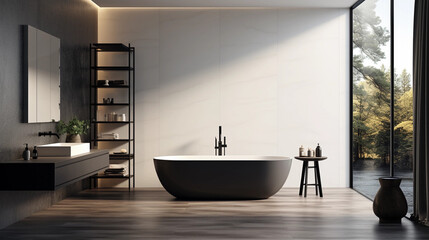 Fototapeta na wymiar A sleek and modern bathroom with a minimalist white vanity and sleek black fixtures, featuring a large shower and luxurious freestanding bathtub
