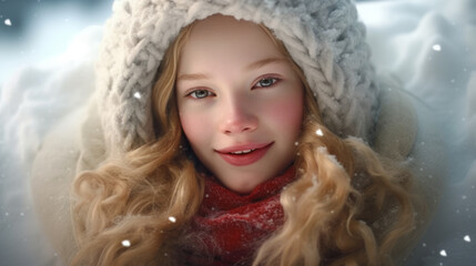Happy woman lies on the snow. Pretty blond lady enjoys winter. Top view, close up Christmas portrait