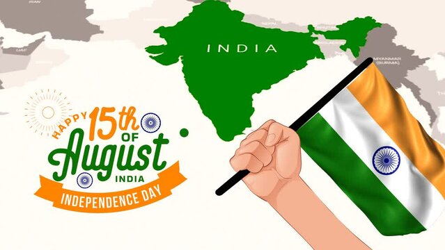 Happy India Independence Day with Hand Holding Indian Flag on India Map Background. Great for India independence day greeting cards and celebrations. Happy 15th August Indian Independence Day